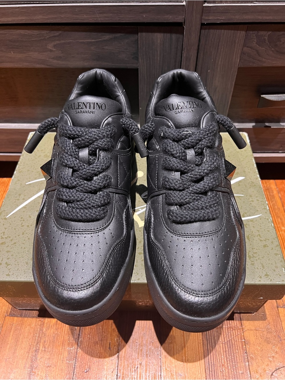 Valentino Garavani Men’s Black Leather Low-Top Sneakers with Braided Laces